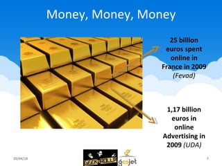 Money, Money, Money 20/04/10 25 billion euros spent online in France in 2009 (Fevad) 1,17 billion euros in online Advertis...