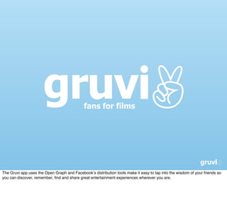 fans for films




The Gruvi app uses the Open Graph and Facebookʼs distribution tools make it easy to tap into the wisdom of your friends so
you can discover, remember, ﬁnd and share great entertainment experiences wherever you are.
 