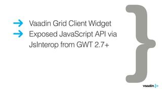 Vaadin Grid Client Widget
Exposed JavaScript API via
JsInterop from GWT 2.7+
 
