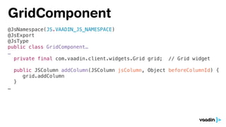 @JsNamespace(JS.VAADIN_JS_NAMESPACE)
@JsExport
@JsType
public class GridComponent…
…
private final com.vaadin.client.widgets.Grid grid; // Grid widget
public JSColumn addColumn(JSColumn jsColumn, Object beforeColumnId) {
grid.addColumn
}
…
GridComponent
 