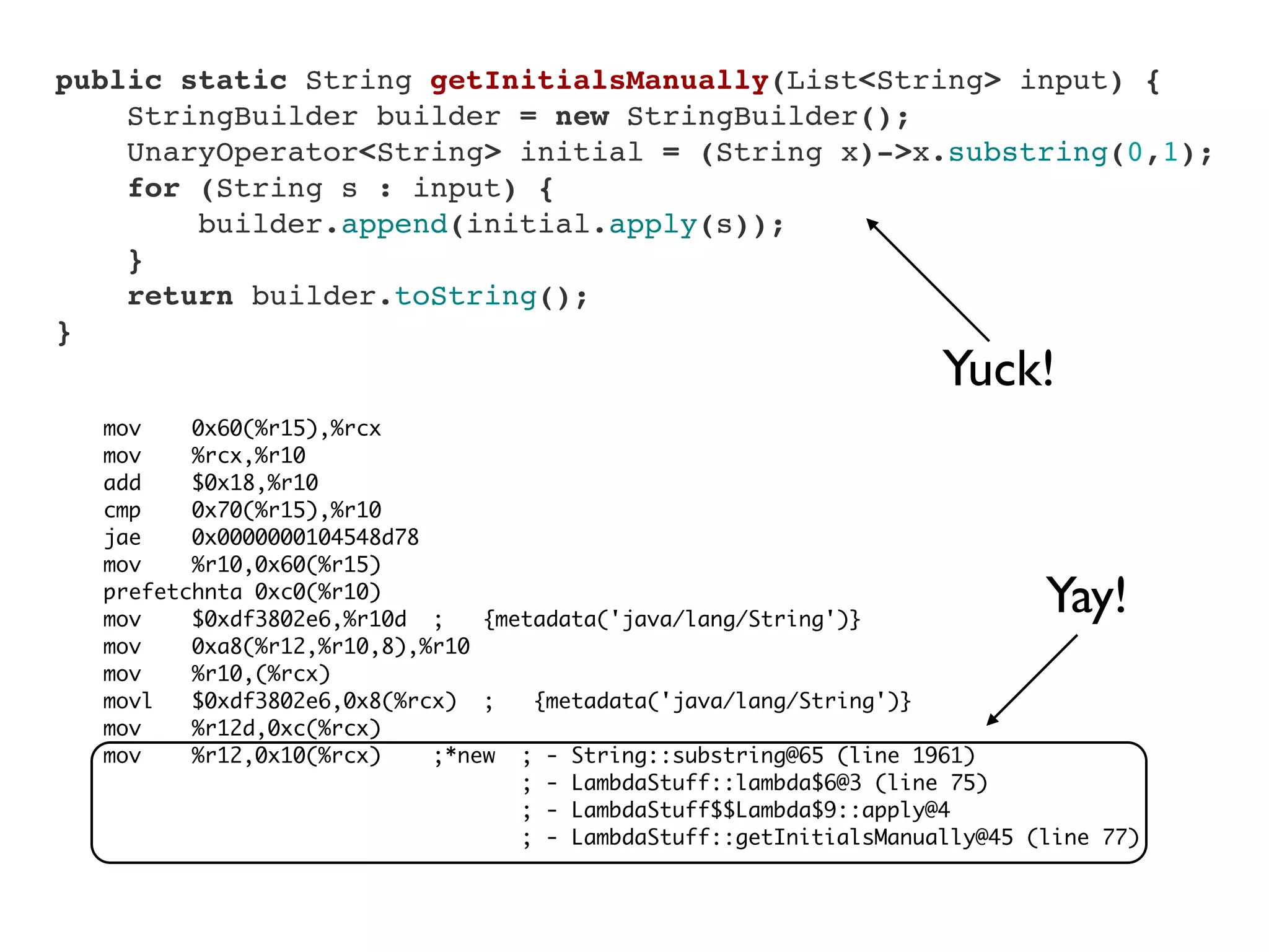 mov 0x60(%r15),%rcx
mov %rcx,%r10
add $0x18,%r10
cmp 0x70(%r15),%r10
jae 0x0000000104548d78
mov %r10,0x60(%r15)
prefetchnta 0xc0(%r10)
mov $0xdf3802e6,%r10d ; {metadata('java/lang/String')}
mov 0xa8(%r12,%r10,8),%r10
mov %r10,(%rcx)
movl $0xdf3802e6,0x8(%rcx) ; {metadata('java/lang/String')}
mov %r12d,0xc(%rcx)
mov %r12,0x10(%rcx) ;*new ; - String::substring@65 (line 1961)
; - LambdaStuff::lambda$6@3 (line 75)
; - LambdaStuff$$Lambda$9::apply@4
; - LambdaStuff::getInitialsManually@45 (line 77)
    public static String getInitialsManually(List<String> input) {
        StringBuilder builder = new StringBuilder();
        UnaryOperator<String> initial = (String x)->x.substring(0,1);
        for (String s : input) {
            builder.append(initial.apply(s));
        }
        return builder.toString();
    }
Yuck!
Yay!
 