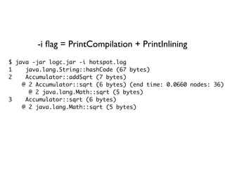 $ java -jar logc.jar -i hotspot.log
1 java.lang.String::hashCode (67 bytes)
2 Accumulator::addSqrt (7 bytes)
@ 2 Accumulator::sqrt (6 bytes) (end time: 0.0660 nodes: 36)
@ 2 java.lang.Math::sqrt (5 bytes)
3 Accumulator::sqrt (6 bytes)
@ 2 java.lang.Math::sqrt (5 bytes)
-i ﬂag = PrintCompilation + PrintInlining
 
