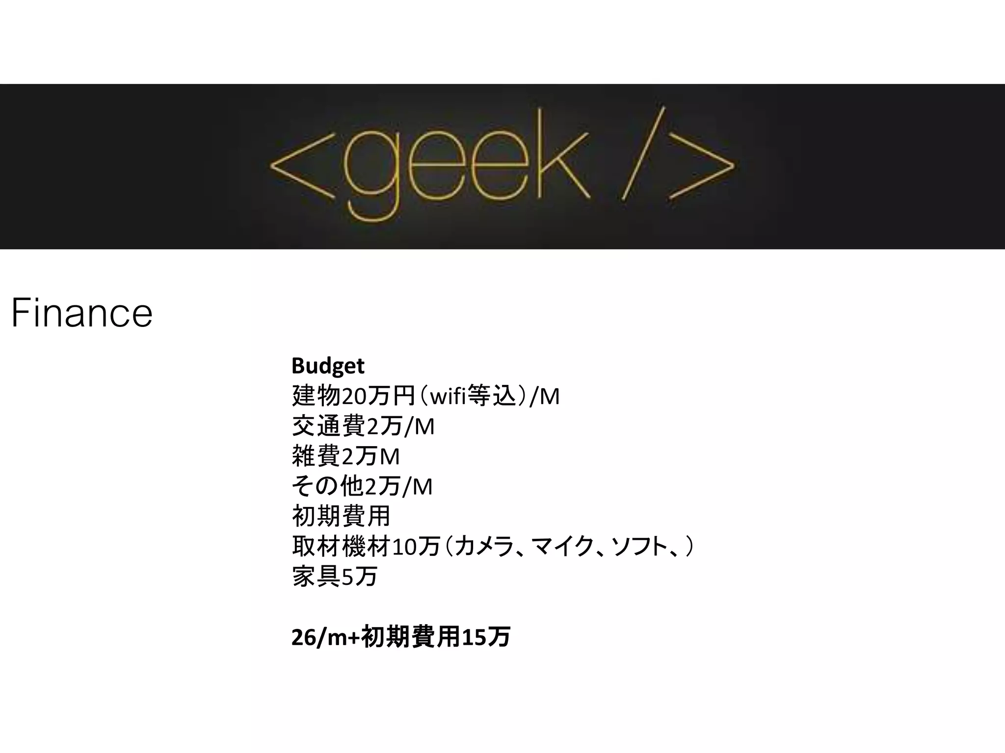 Finance
Budget
建物20万円（wifi等込）/M
交通費2万/M
雑費2万M
その他2万/M
初期費用
取材機材10万（カメラ、マイク、ソフト、）
家具5万
26/m+初期費用15万
 