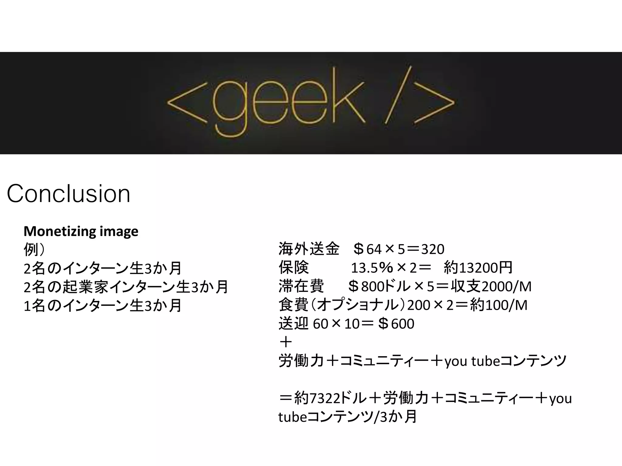 Conclusion
Monetizing image
例）
2名のインターン生3か月
2名の起業家インターン生3か月
1名のインターン生3か月
海外送金 ＄64×5＝320
保険 13.5％×2＝ 約13200円
滞在費 ＄800ドル×5＝収支2000/M
食費（オプショナル）200×2＝約100/M
送迎 60×10＝＄600
＋
労働力＋コミュニティー＋you tubeコンテンツ
＝約7322ドル＋労働力＋コミュニティー＋you
tubeコンテンツ/3か月
 