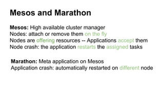 Mesos and Marathon
Mesos: High available cluster manager
Nodes: attach or remove them on the fly
Nodes are offering resources -- Applications accept them
Node crash: the application restarts the assigned tasks
Marathon: Meta application on Mesos
Application crash: automatically restarted on different node
 