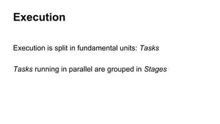 Execution
Execution is split in fundamental units: Tasks
Tasks running in parallel are grouped in Stages
 