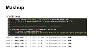 Mashup
prediction
Sample [NA20332] is in cluster #0 for population Some( ASW)
Sample [NA20334] is in cluster # 2 for population Some( ASW)
Sample [HG00120] is in cluster # 2 for population Some( GBR)
Sample [NA18560] is in cluster # 1 for population Some( CHB)
 