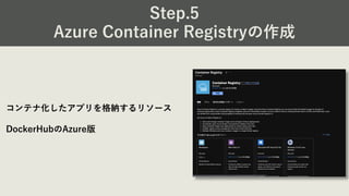 Step.5
Azure Container Registryの作成
コンテナ化したアプリを格納するリソース
DockerHubのAzure版
 