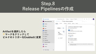 Step.8
Release Pipelinesの作成
Artifactを選択したら
⚡マークをクリックして
ビルドのトリガーをEnabledに変更
 