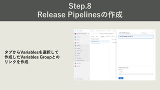 Step.8
Release Pipelinesの作成
タブからVariablesを選択して
作成したVariables Groupとの
リンクを作成
 