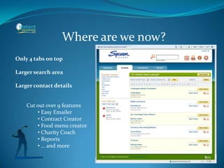 Where are we now?
Only 4 tabs on top
Larger search area
Larger contact details
Cut out over 9 features
• Easy Emailer
• Contract Creator
• Food menu creator
• Charity Coach
• Reports
• … and more
 
