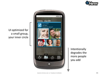 Qualcomm Services Labs, Inc. Proprietary & Confidential 80
UI optimized for
a small group,
your inner circle
Intentionally
degrades the
more people
you add
 