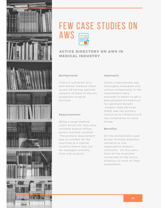 11
Few case studies on
AWS
Background:
Client is a director at a
well-known medical chain
across US having national
network of state-of-the-art
outpatient surgical
facilities
Requirements:
Being a large medical
chain across US, they have
multiple branch offices
across multiple location.
The primary requirement
was to connect all the
branches at a central
location where they can
be managed centrally
from one location.
Approach:
Client’s requirement was
thoroughly evaluated and
various components in the
requirement were
explored in depth to get a
best possible architecture
for optimum benefit.
Amazon Web Services
(AWS) was the primary
choice as its infrastructure
has compliance to many
things.
Benefits:
All the workstations used
across multiple branches
connects to one
organisation domain
controller. All the users
from all the branches
connected to the Active
directory to work on their
workstation.
ACTIVE DIRECTORY ON AWS IN
MEDICAL INDUSTRY
 