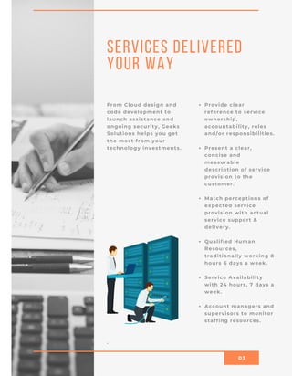 03
Services Delivered
Your Way
From Cloud design and
code development to
launch assistance and
ongoing security, Geeks
Solutions helps you get
the most from your
technology investments.
.
Provide clear
reference to service
ownership,
accountability, roles
and/or responsibilities.
Present a clear,
concise and
measurable
description of service
provision to the
customer.
Match perceptions of
expected service
provision with actual
service support &
delivery.
Qualified Human
Resources,
traditionally working 8
hours 6 days a week.
Service Availability
with 24 hours, 7 days a
week.
Account managers and
supervisors to monitor
staffing resources.
   
 