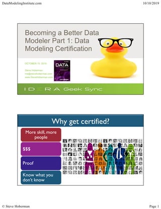 DataModelingInstitute.com 10/10/2019
© Steve Hoberman Page 1
Topics
 Click to edit Master text styles
• Second level
• Third level
− Fourth level
• Fifth level
Becoming a Better Data
Modeler Part 1: Data
Modeling Certification
OCTOBER 10, 2019
Steve Hoberman
me@stevehoberman.com
www.SteveHoberman.com
Why get certified?
More skill, more
people
$$$
Proof
Know what you
don’t know
 