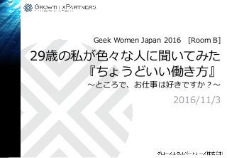 29歳の私が色々な人に聞いてみた
『ちょうどいい働き方』
〜ところで、お仕事は好きですか？〜
2016/11/3
Geek Women Japan 2016 [Room B]
 