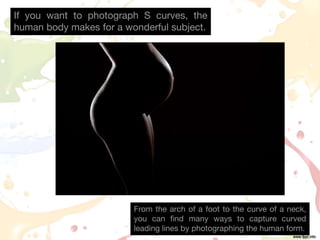 If you want to photograph S curves, the
human body makes for a wonderful subject.
From the arch of a foot to the curve of a neck,
you can find many ways to capture curved
leading lines by photographing the human form.
 