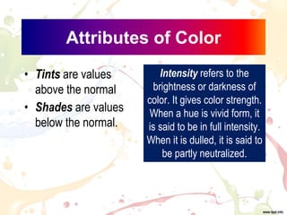 Attributes of Color
• Tints are values
above the normal
• Shades are values
below the normal.
Intensity refers to the
brightness or darkness of
color. It gives color strength.
When a hue is vivid form, it
is said to be in full intensity.
When it is dulled, it is said to
be partly neutralized.
 