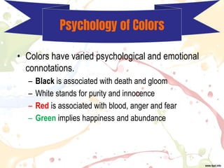 • Colors have varied psychological and emotional
connotations.
– Black is associated with death and gloom
– White stands for purity and innocence
– Red is associated with blood, anger and fear
– Green implies happiness and abundance
Psychology of Colors
 