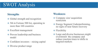 Strengths
 Global strength and recognition
 5th in Fortune 500 list, operating in
more than 160 countries
 Excellent management
 Proven leadership and business
model
 Confident investors – raising capital
 Diverse product range
Weakness
 Company size/ acquisition
restriction
 Energy Segment Underperforming,
no signs of near future recovery
 Flexibility
 Large and diverse businesses might
overstretch the company and
reduce reaction times to shifts in
targeted markets
SWOT Analysis
 
