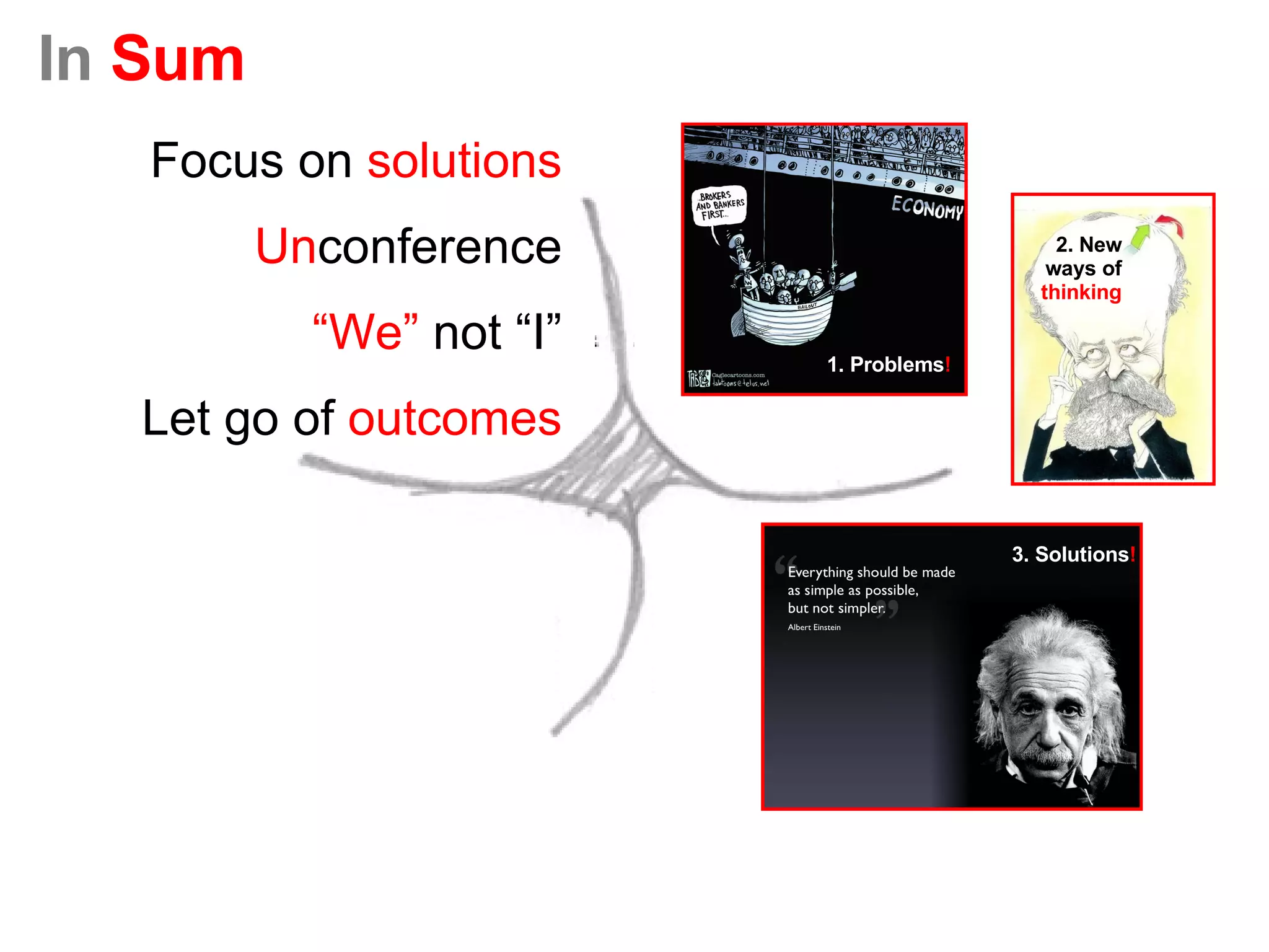In  Sum Focus on  solutions Un conference “ We”  not “I” Let go of  outcomes 1. Problems ! 2. New ways of  thinking 3. Solutions ! 