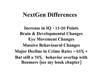 NextGen Differences Increase in IQ - 15-20 Points Brain & Developmental Changes Eye Movement Changes Massive Behavioural Changes Major Decline in Crime Rates – 65%+ But still a 70%  behavior overlap with Boomers (see my book chapter) 