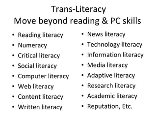 Trans-Literacy Move beyond reading & PC skills  Reading literacy Numeracy Critical literacy Social literacy Computer literacy Web literacy Content literacy Written literacy News literacy Technology literacy Information literacy Media literacy Adaptive literacy Research literacy Academic literacy Reputation, Etc. 