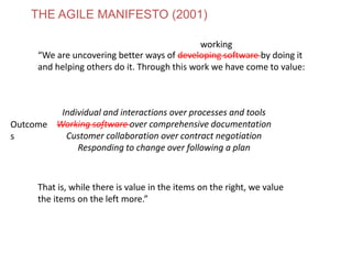 “We are uncovering better ways of developing software by doing it
and helping others do it. Through this work we have come to value:
THE AGILE MANIFESTO (2001)
That is, while there is value in the items on the right, we value
the items on the left more.”
Individual and interactions over processes and tools
Working software over comprehensive documentation
Customer collaboration over contract negotiation
Responding to change over following a plan
working
Outcome
s
www.theagilecontactcentre.com.au
 