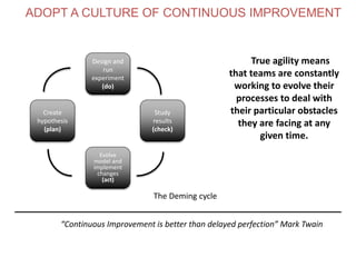 True agility means
that teams are constantly
working to evolve their
processes to deal with
their particular obstacles
they are facing at any
given time.
“Continuous Improvement is better than delayed perfection” Mark Twain
ADOPT A CULTURE OF CONTINUOUS IMPROVEMENT
Design and
run
experiment
(do)
Study
results
(check)
Evolve
model and
implement
changes
(act)
Create
hypothesis
(plan)
The Deming cycle
www.theagilecontactcentre.com.au
 