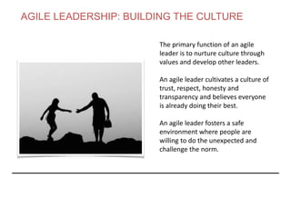 The primary function of an agile
leader is to nurture culture through
values and develop other leaders.
An agile leader cultivates a culture of
trust, respect, honesty and
transparency and believes everyone
is already doing their best.
An agile leader fosters a safe
environment where people are
willing to do the unexpected and
challenge the norm.
AGILE LEADERSHIP: BUILDING THE CULTURE
 