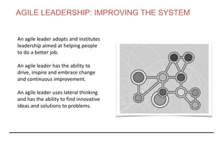 An agile leader adopts and institutes
leadership aimed at helping people
to do a better job.
An agile leader has the ability to
drive, inspire and embrace change
and continuous improvement.
An agile leader uses lateral thinking
and has the ability to find innovative
ideas and solutions to problems.
AGILE LEADERSHIP: IMPROVING THE SYSTEM
 