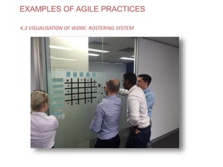 EXAMPLES OF AGILE PRACTICES
4.3 VISUALISATION OF WORK: ROSTERING SYSTEM
www.theagilecontactcentre.com.au
 