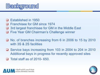  Established in 1950
 Franchisee for GM since 1974
 3rd largest franchisee for GM in the Middle East
 Five Year GM Chairman’s Challenge winner
 No. of branches increasing from 6 in 2006 to 15 by 2010
with 3S & 2S facilities
 Service bays increasing from 103 in 2004 to 204 in 2010
Additional bays in progress for recently approved sites
 Total staff as of 2010- 650.
Background
 