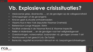 Vb. Explosieve crisissituaties? Mexicaanse griep, dioxinecrisis, … en de gevolgen op de volksgezondheid Ontsnappingen uit de gevangenis Kind en gezin & situatie onthaalmoeders Vlaams Huis in New York (reputatie Vlaamse Overheid) Referendum Lange Wapper / BAM Facilitair onderwijs in de Vlaamse Rand & Vlaamse inspectie Rellen in Molenbeek … en de gevolgen voor het veiligheidsgevoel Overstromingen, wateroverlast, bosbranden vb. gevolgen onweer 7 okt Wantrouwen in het gerecht (vb. De Tandt) Bankcrisis, negatief economisch klimaat en vb. besparingen/afvloeiingen 