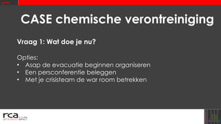 CASE chemische verontreiniging Vraag 1: Wat doe je nu? Opties: Asap de evacuatie beginnen organiseren Een persconferentie beleggen Met je crisisteam de war room betrekken 