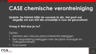 CASE chemische verontreiniging Update: De fabriek blijkt de oorzaak te zijn. Het gaat wel degelijk om een stof die schadelijk is voor de gezondheid. Vraag 4: Wat doe je nu? Opties: Meteen een nieuwe persconferentie beleggen Een vergadering beleggen met de plant manager en Volksgezondheid Evacueren 