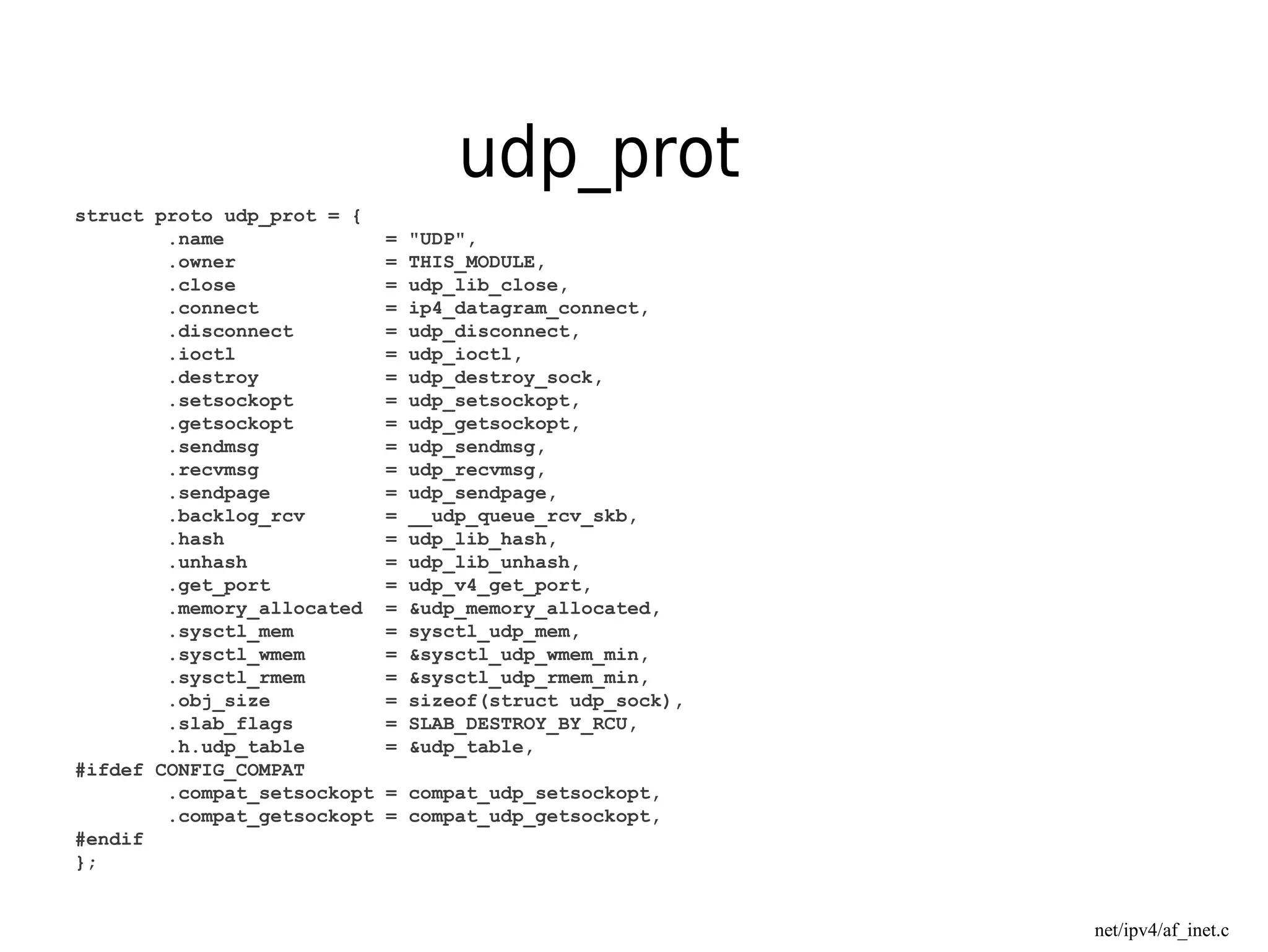 udp_prot
net/ipv4/af_inet.c
struct proto udp_prot = {
.name = "UDP",
.owner = THIS_MODULE,
.close = udp_lib_close,
.connect = ip4_datagram_connect,
.disconnect = udp_disconnect,
.ioctl = udp_ioctl,
.destroy = udp_destroy_sock,
.setsockopt = udp_setsockopt,
.getsockopt = udp_getsockopt,
.sendmsg = udp_sendmsg,
.recvmsg = udp_recvmsg,
.sendpage = udp_sendpage,
.backlog_rcv = __udp_queue_rcv_skb,
.hash = udp_lib_hash,
.unhash = udp_lib_unhash,
.get_port = udp_v4_get_port,
.memory_allocated = &udp_memory_allocated,
.sysctl_mem = sysctl_udp_mem,
.sysctl_wmem = &sysctl_udp_wmem_min,
.sysctl_rmem = &sysctl_udp_rmem_min,
.obj_size = sizeof(struct udp_sock),
.slab_flags = SLAB_DESTROY_BY_RCU,
.h.udp_table = &udp_table,
#ifdef CONFIG_COMPAT
.compat_setsockopt = compat_udp_setsockopt,
.compat_getsockopt = compat_udp_getsockopt,
#endif
};
 