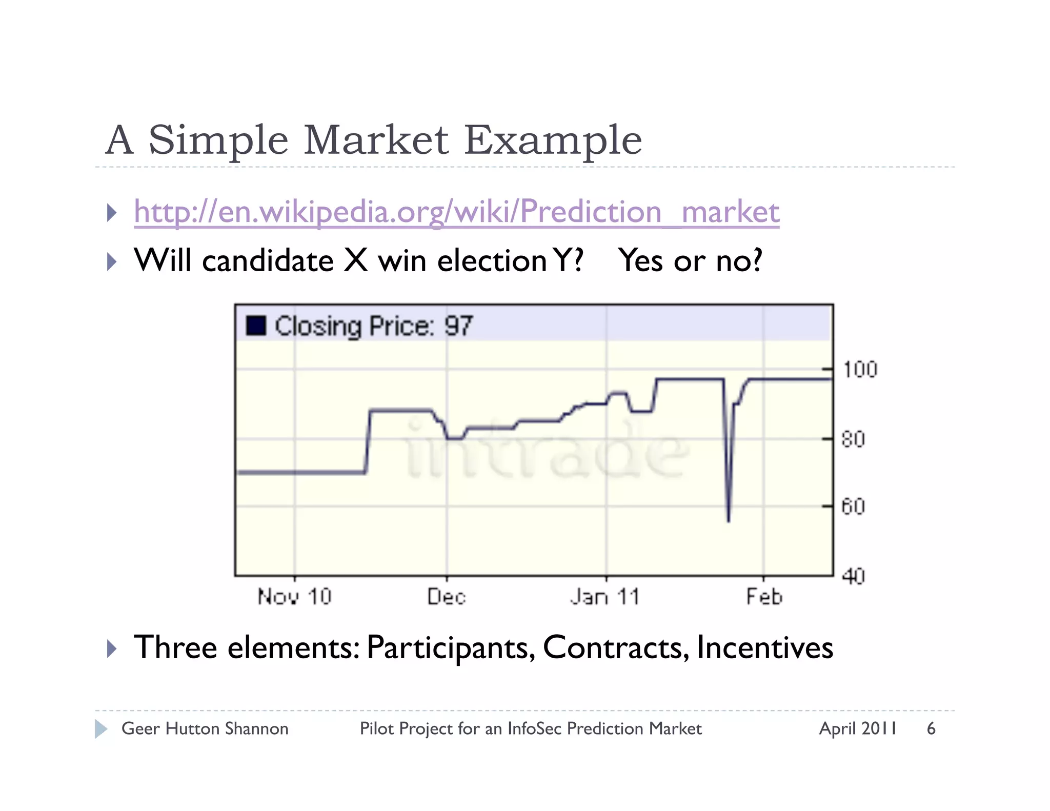 A Simple Market Example
    http://en.wikipedia.org/wiki/Prediction_market
    Will candidate X win election Y? Yes or no?




    Three elements: Participants, Contracts, Incentives

 Geer Hutton Shannon   Pilot Project for an InfoSec Prediction Market   April 2011   6
 