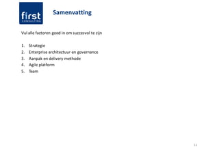11
Vul alle factoren goed in om succesvol te zijn
1. Strategie
2. Enterprise architectuur en governance
3. Aanpak en delivery methode
4. Agile platform
5. Team
Samenvatting