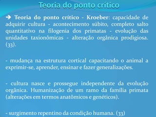 Teoria do ponto crítico
 Teoria do ponto crítico - Kroeber: capacidade de
adquirir cultura - acontecimento súbito, completo salto
quantitativo na filogenia dos primatas - evolução das
unidades taxionômicas - alteração orgânica prodigiosa.
(33).
- mudança na estrutura cortical capacitando o animal a
exprimir-se, aprender, ensinar e fazer generalizações.
- cultura nasce e prossegue independente da evolução
orgânica. Humanização de um ramo da família primata
(alterações em termos anatômicos e genéticos).
- surgimento repentino da condição humana. (33)
 