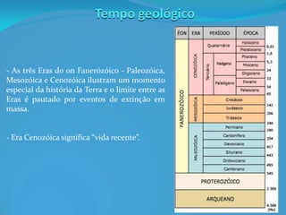 Tempo geológico
- As três Eras do on Fanerózóico - Paleozóica,
Mesozóica e Cenozóica ilustram um momento
especial da história da Terra e o limite entre as
Eras é pautado por eventos de extinção em
massa.
- Era Cenozóica significa “vida recente”.
 