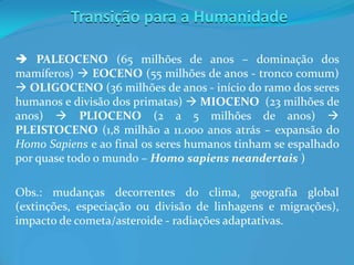 Transição para a Humanidade
 PALEOCENO (65 milhões de anos – dominação dos
mamíferos)  EOCENO (55 milhões de anos - tronco comum)
 OLIGOCENO (36 milhões de anos - início do ramo dos seres
humanos e divisão dos primatas)  MIOCENO (23 milhões de
anos)  PLIOCENO (2 a 5 milhões de anos) 
PLEISTOCENO (1,8 milhão a 11.000 anos atrás – expansão do
Homo Sapiens e ao final os seres humanos tinham se espalhado
por quase todo o mundo – Homo sapiens neandertais )
Obs.: mudanças decorrentes do clima, geografia global
(extinções, especiação ou divisão de linhagens e migrações),
impacto de cometa/asteroide - radiações adaptativas.
 