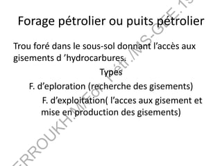 Forage pétrolier ou puits pétrolier
Trou foré dans le sous-sol donnant l’accès aux
gisements d ’hydrocarbures.
Types
F. d’eploration (recherche des gisements)
F. d’exploitation( l’acces aux gisement et
mise en production des gisements)
R
O
U
K
H
.
M
/
F
o
r
.
P
é
t
r
.
/
M
S
-
G
E
E
.
1
 