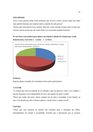 35

NÃO OPINOU
“Essa é uma questão ainda muito polêmica que envolve valores, porém ainda não tenho
uma opinião formada, mas respeito muito a opinião de cada pessoa”.
“Nunca parei para pensar neste assunto. Mas não é uma situação comum, pois eu acho que
existem valores morais que são muito fortes [;] é necessário quebrar barreiras”.


Se você fosse convocado/a para opinar em relação à adoção de crianças por casais
homossexuais, você seria: ( ) contra     ( ) a favor




Esclareça
Seguem alguns exemplos de comentários feitos pelos participantes:


A FAVOR
“A criança que esta na condição de ser adotada o que ela precisa é amor e ser cuidada, e
pessoas dispostas a isso independente do sexo, são capazes de amar e cuidar”.
“Penso que cuidar, dar amor, educar, prepara um ser para a sociedade, é uma função, ou
seja, é um desafio que não se limita a gênero e muito menos a opção sexual”.


CONTRA
“Penso que esta estrutura de família não contribui para a formação dos filhos,
principalmente em relação à sexualidade. Acredito que o preconceito que as crianças
 