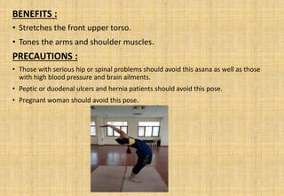 BENEFITS :
• Stretches the front upper torso.
• Tones the arms and shoulder muscles.
PRECAUTIONS :
• Those with serious hip or spinal problems should avoid this asana as well as those
with high blood pressure and brain ailments.
• Peptic or duodenal ulcers and hernia patients should avoid this pose.
• Pregnant woman should avoid this pose.
 