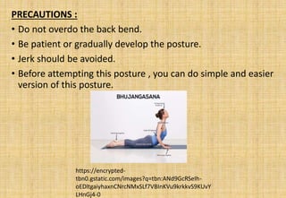 PRECAUTIONS :
• Do not overdo the back bend.
• Be patient or gradually develop the posture.
• Jerk should be avoided.
• Before attempting this posture , you can do simple and easier
version of this posture.
https://encrypted-
tbn0.gstatic.com/images?q=tbn:ANd9GcRSeIh-
oEDltgaiyhaxnCNrcNMxSLf7VBInKVu9krkkvS9KUvY
LHnGj4-0
 