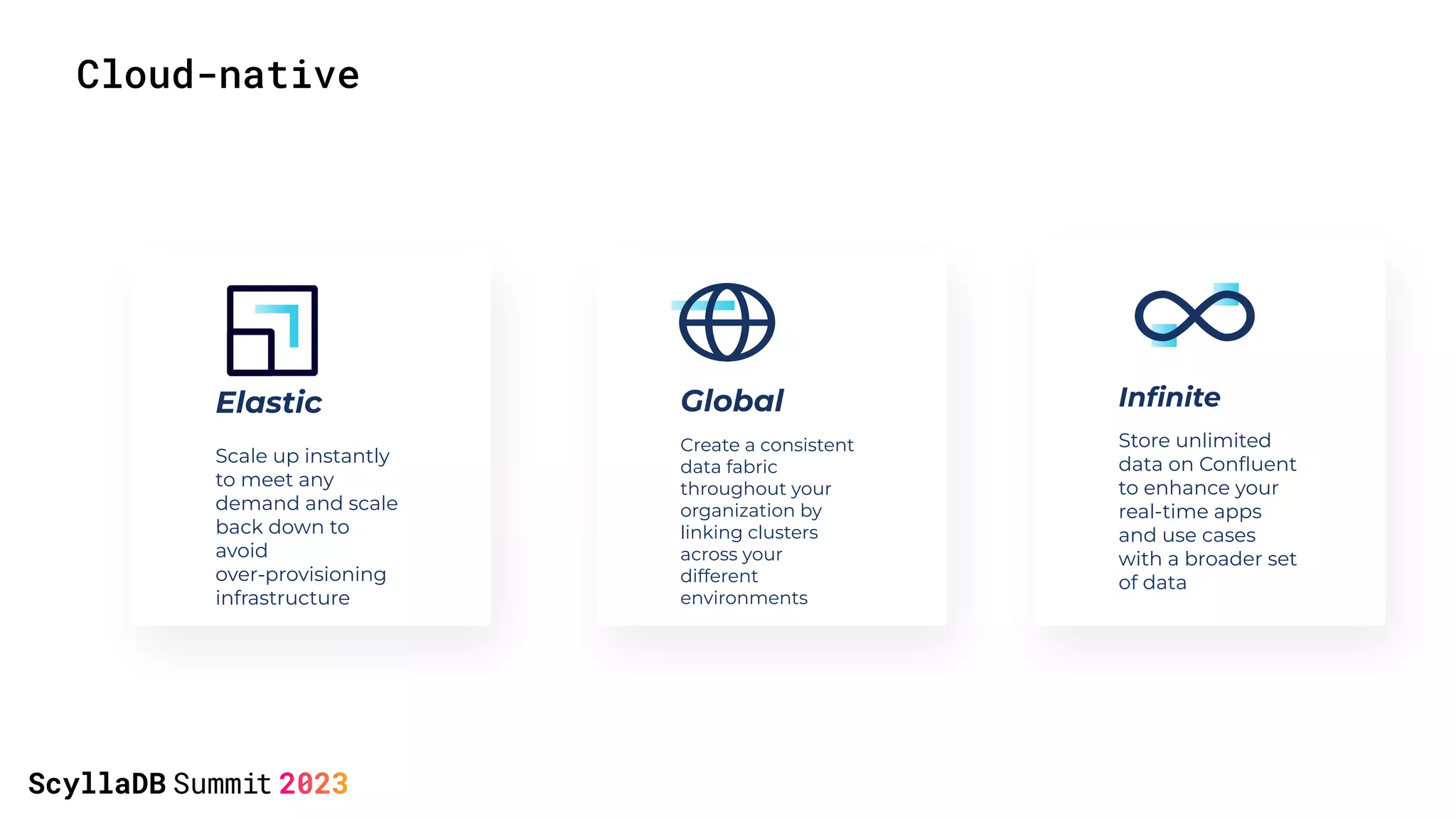 Cloud-native
Inﬁnite
Store unlimited
data on Conﬂuent
to enhance your
real-time apps
and use cases
with a broader set
of data
Global
Create a consistent
data fabric
throughout your
organization by
linking clusters
across your
different
environments
Elastic
Scale up instantly
to meet any
demand and scale
back down to
avoid
over-provisioning
infrastructure
 
