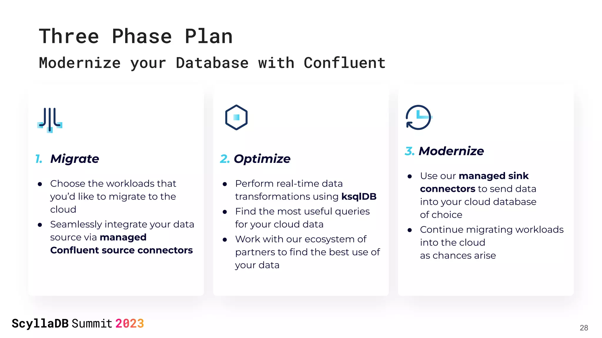 Three Phase Plan
Modernize your Database with Confluent
28
1. Migrate
● Choose the workloads that
you’d like to migrate to the
cloud
● Seamlessly integrate your data
source via managed
Conﬂuent source connectors
2. Optimize
● Perform real-time data
transformations using ksqlDB
● Find the most useful queries
for your cloud data
● Work with our ecosystem of
partners to ﬁnd the best use of
your data
3. Modernize
● Use our managed sink
connectors to send data
into your cloud database
of choice
● Continue migrating workloads
into the cloud
as chances arise
 