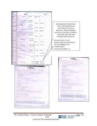 Ms. Geetika Saluja – Create to Inspire Teacher Page 12
CEE
Centre for Environment Education
RECORDING OF MONTHLY
UNIT CONSUMPTION OF
ELECTRICITY OF OUR
BRANCH. THIS RECORD IS
KEPT BY OUR EDUCATIONAL
ADVISOR AND SHE HAS
SHARED THIS WITH US.
PLEASE NOTE 33.34%
REDUCTION IN THE MONTH
OF NOVEMBER’14 IN
COMPARISON
WITH NOVEMBER ‘13
 