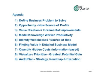 Agenda

 1) Define Business Problem to Solve
 2) Opportunity - New Source of Profits
 3) Value Creation = Incremental Improvements
 4) Model Knowledge Worker Productivity
 5) Identify Weaknesses / Source of Risk
 6) Finding Value in Detailed Business Model
 7) Quantify Hidden Costs (information-based)
 8) Visualize / Prioritize - Greatest Potential Gain
 9) Audit/Plan - Strategy, Roadmap & Execution


                    Copyright 2009 © NextQuarter LLC. All rights reserved.   Page 2
 